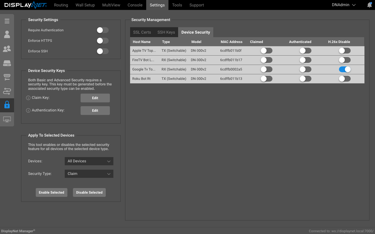 Disabling H.26x Stream Security on a Device