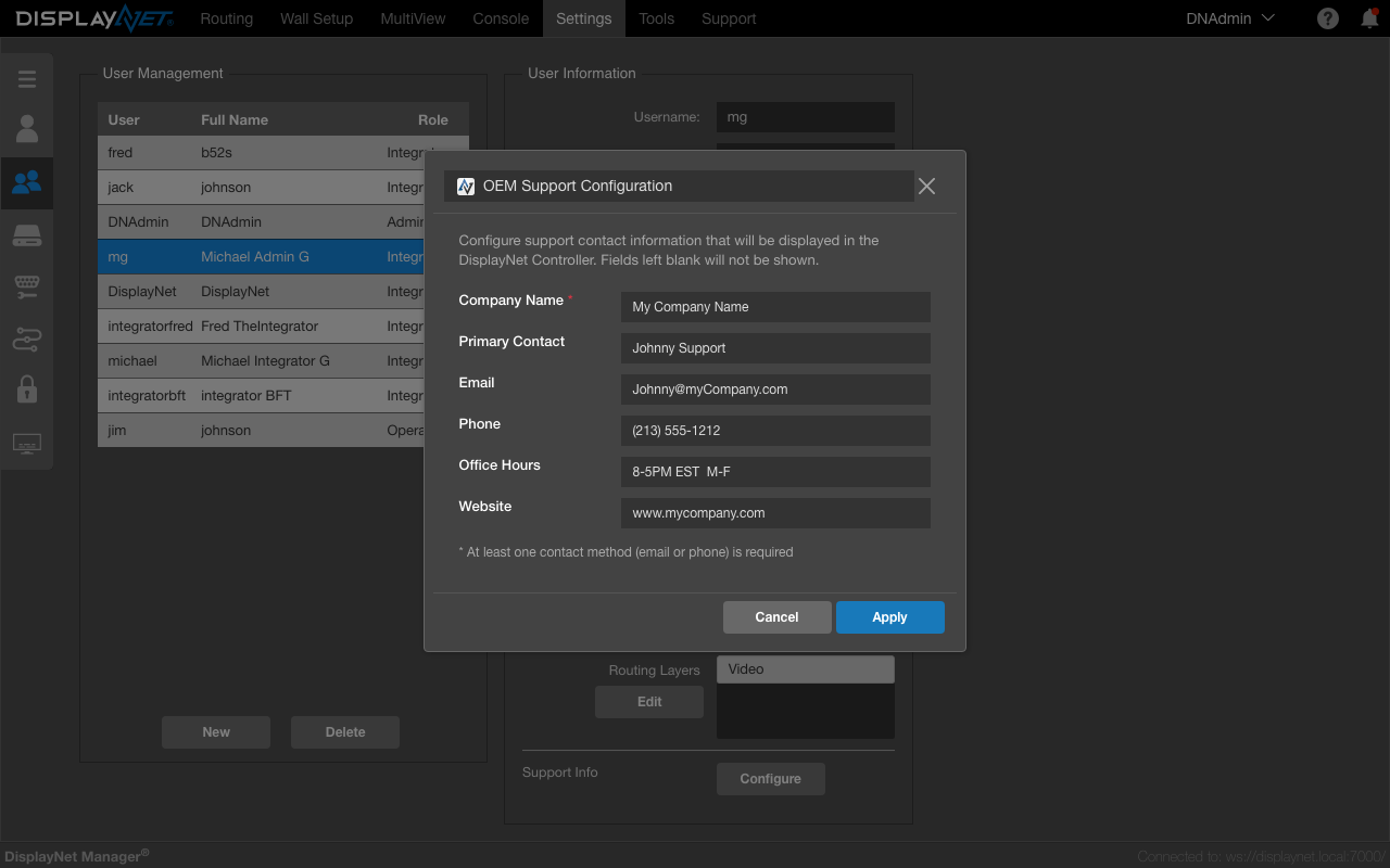 Configure Support Information Modal